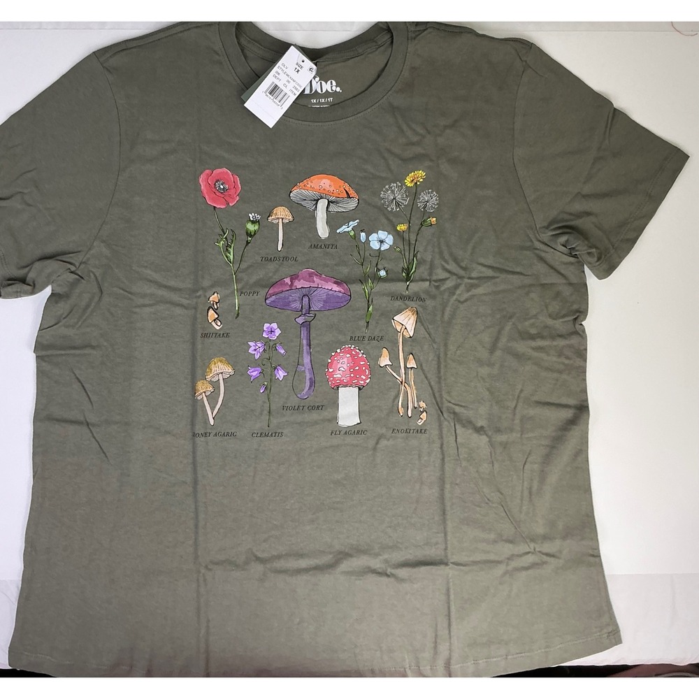 Doe Womens Olive Green Mushroom Floral Graphic Print T-Shirt 1X Plus‎ Size